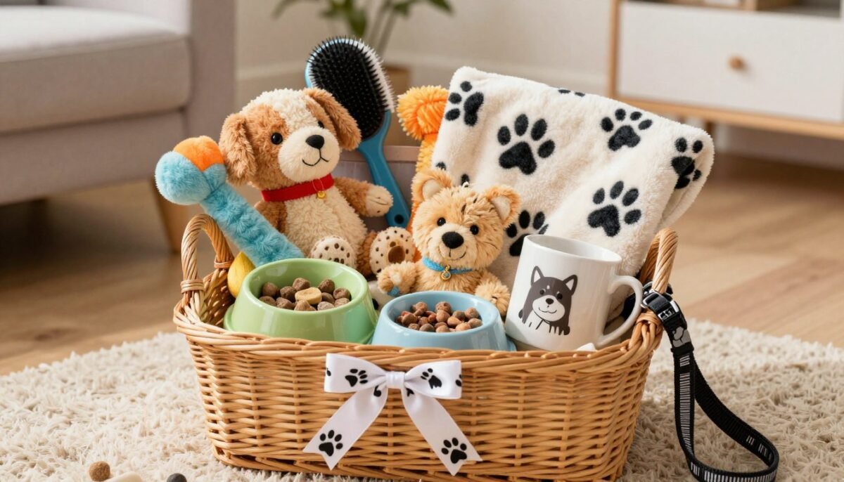 pet themed gift basket with toys and treats