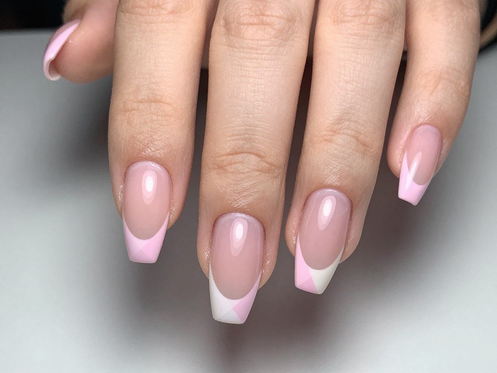 pink french tips with geometric negative space cutouts in tip area