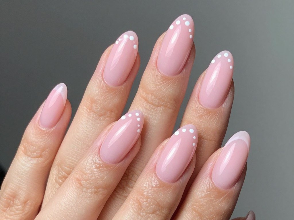 pink french tips with small white dots placed along tip line