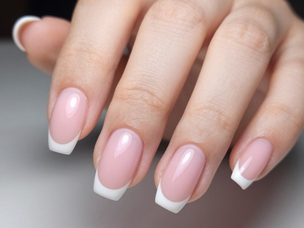 pink french tips with soft pink base and white tip line