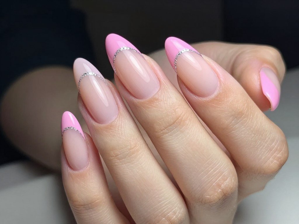pink french tips with thin glitter line separating tip from base