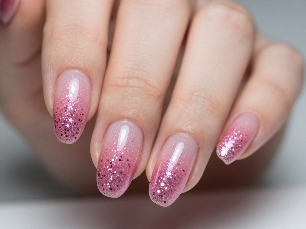 pink glitter gradient from dense at tips to sparse at base