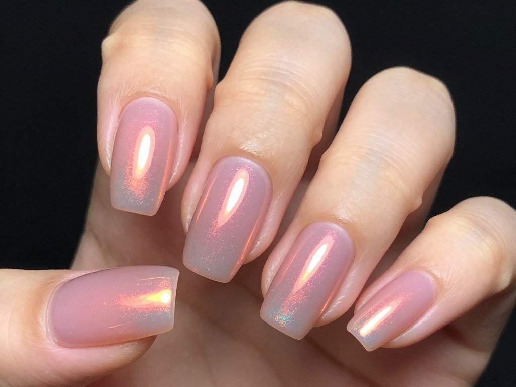 pink holographic nails with rainbow shimmer effect