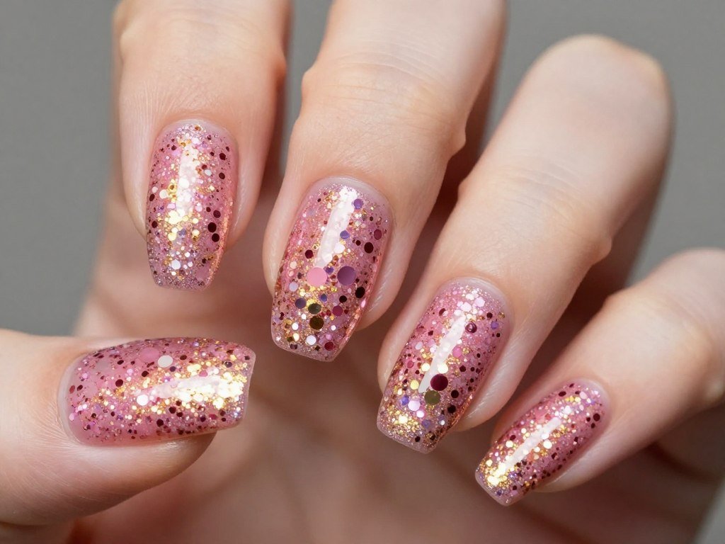 pink nails with mixed pink and gold glitter creating textured sparkle
