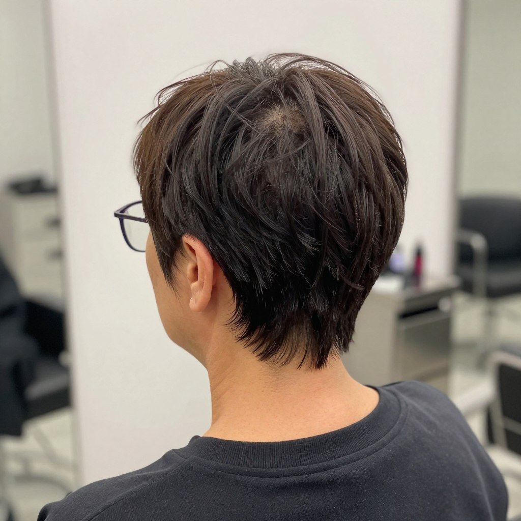 pixie cut showing clean nape detail with glasses visible
