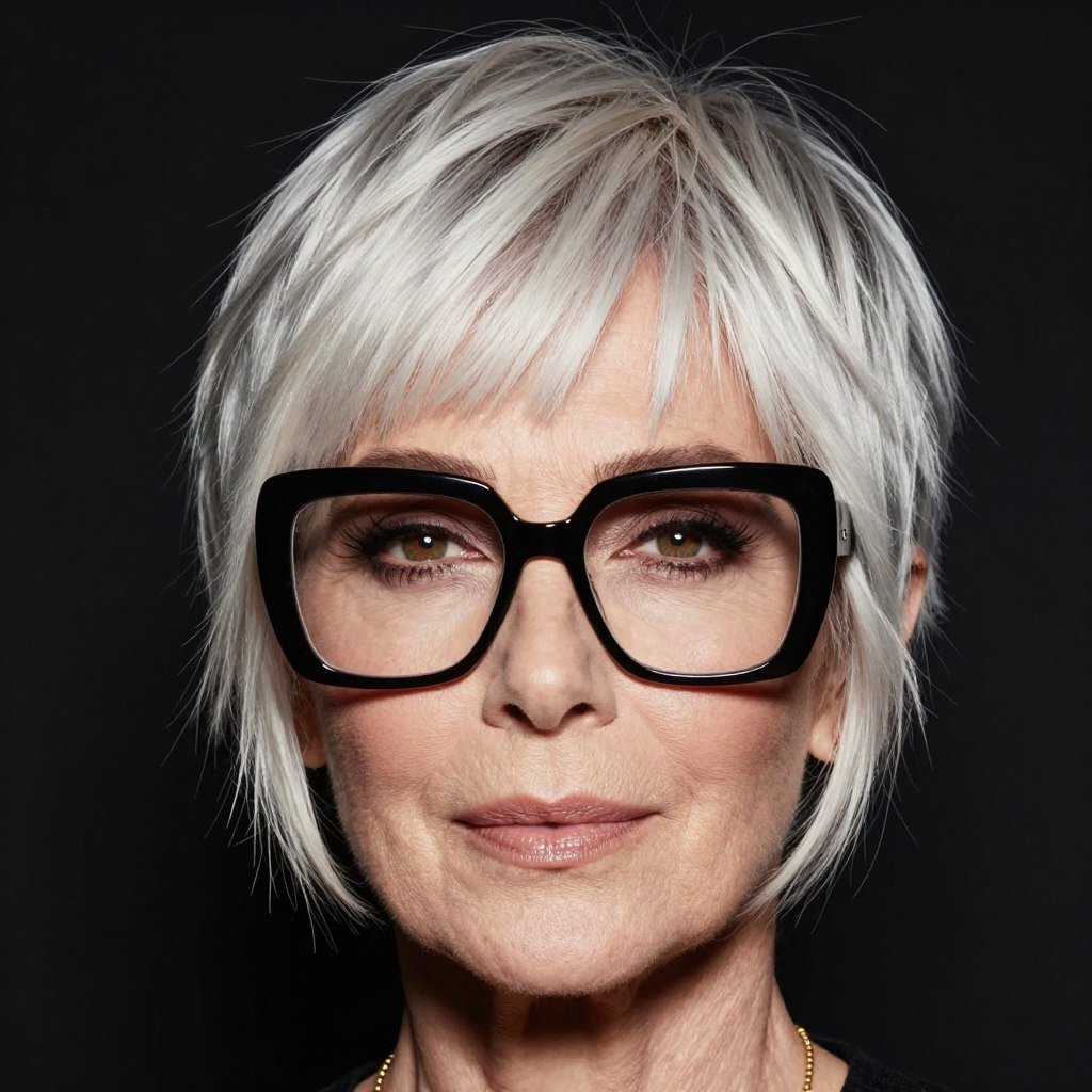 pixie cut with long curtain bangs and oversized frames