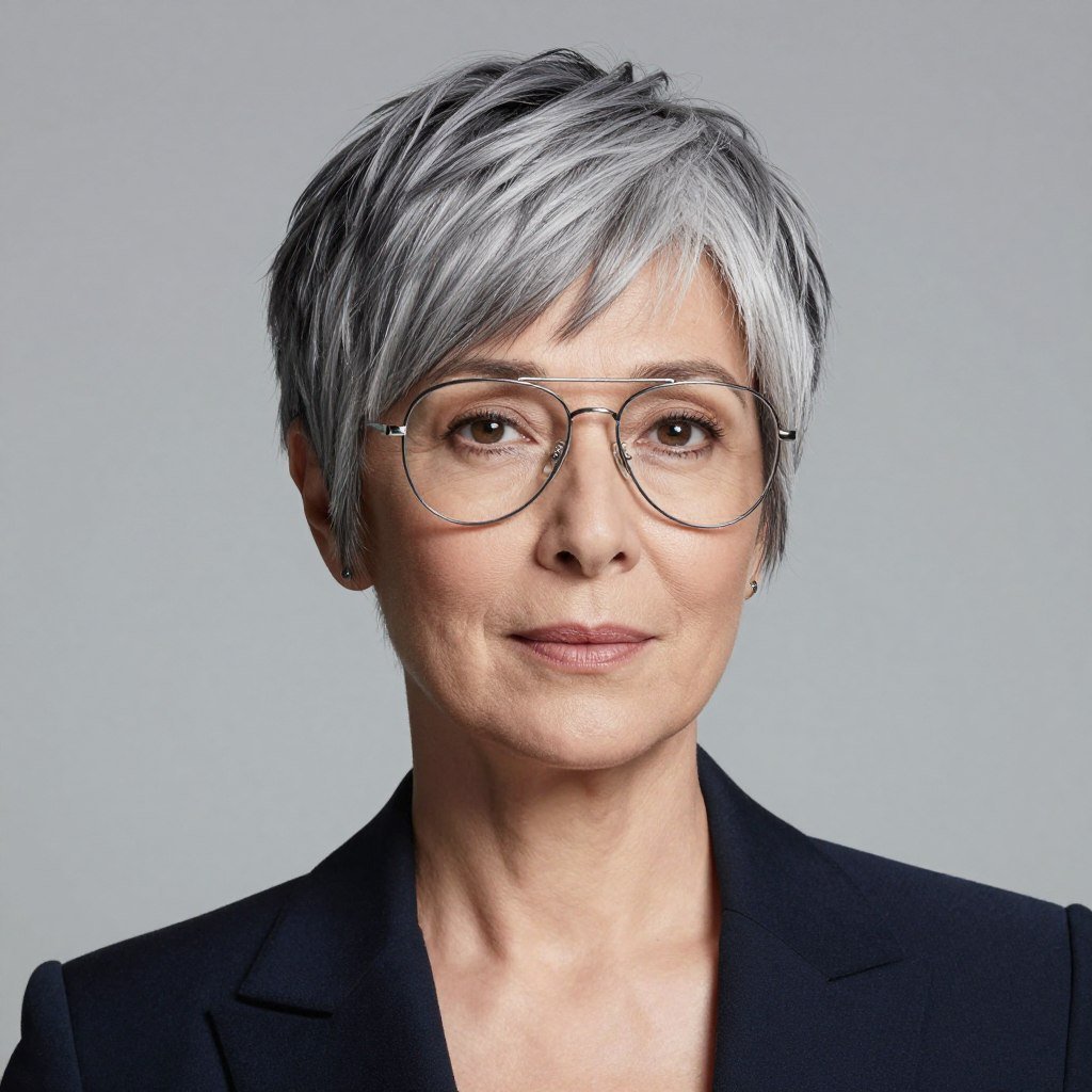 pixie cut with long side-swept bangs and aviator glasses