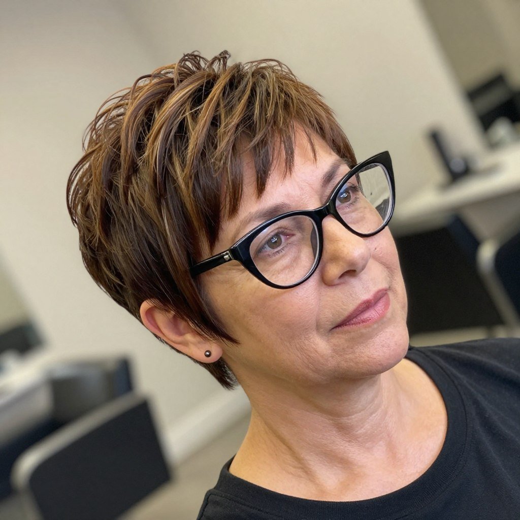 pixie with soft side bangs and cat-eye glasses