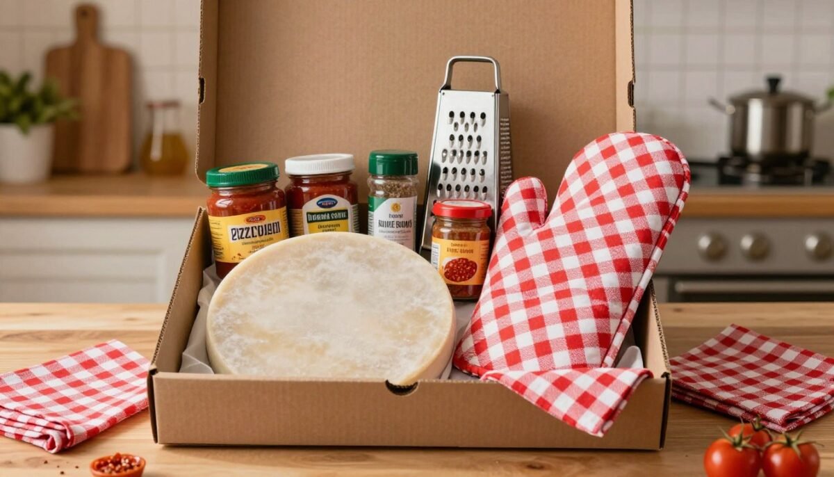 pizza themed gift basket with cooking supplies and ingredients