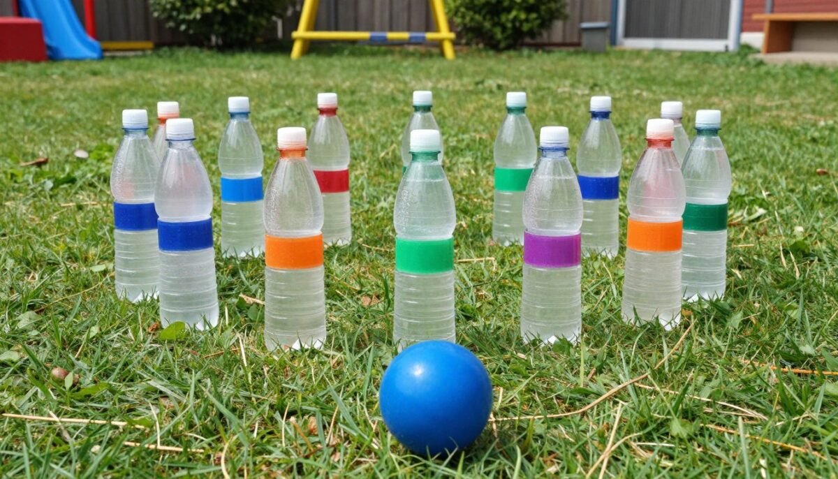plastic water bottles set up as bowling pins on grass