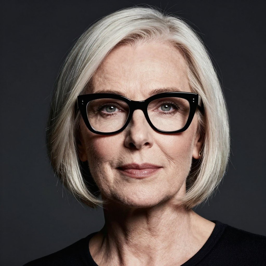 platinum blonde bob with black eyeglass frames