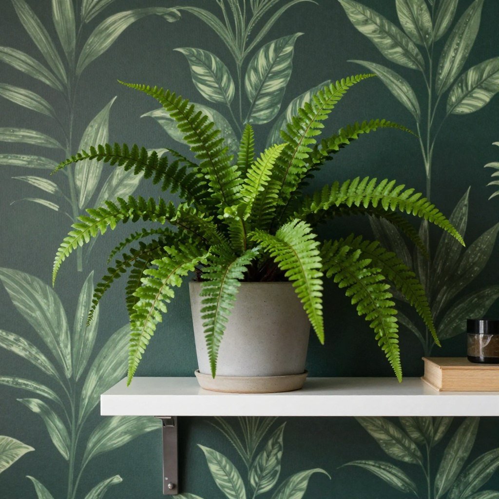 potted plant on bathroom shelf with dark wallpaper background