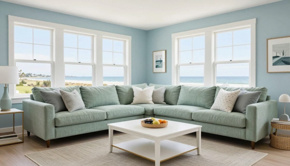 powder blue walls with sage green sectional sofa