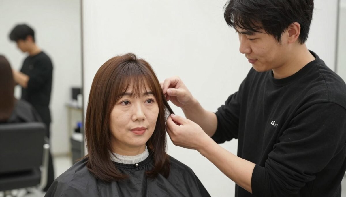professional hairstylist consulting with mature client