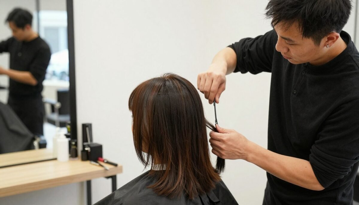 professional hairstylist working on client's medium-length hair