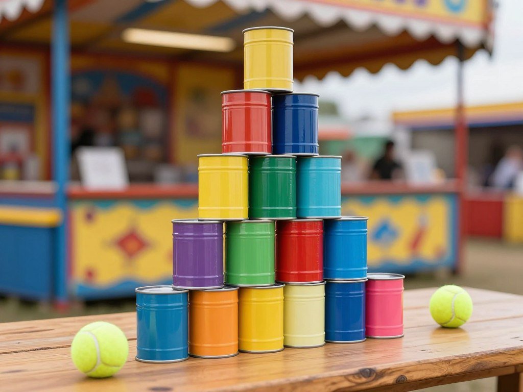 pyramid stack of painted tin cans ready for carnival knock down game
