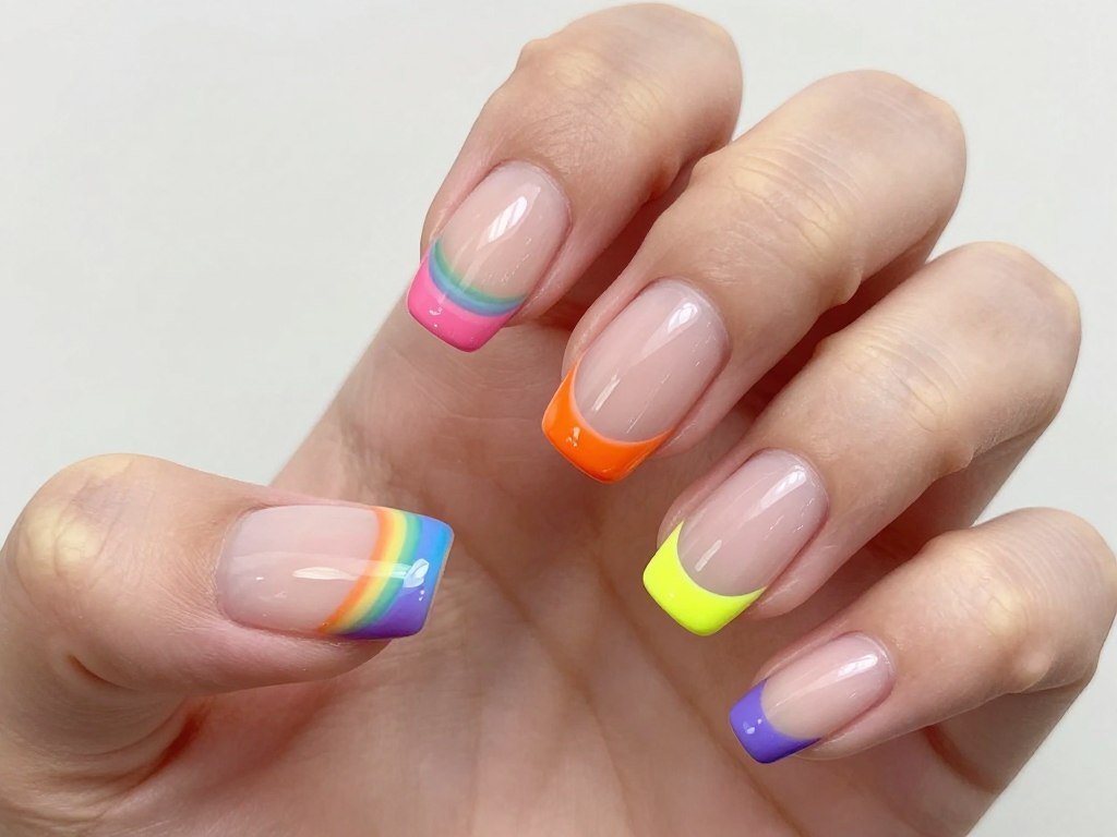 rainbow french tip summer nail design with multicolor tips