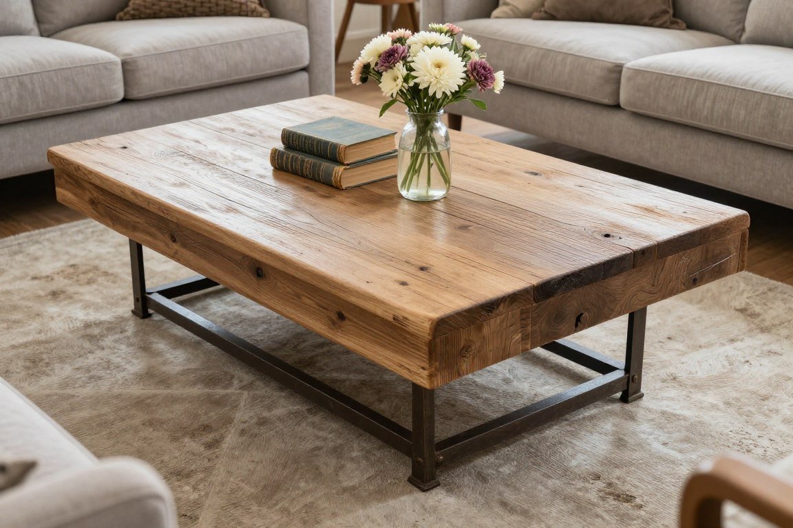 reclaimed wood coffee table in country farmhouse living room