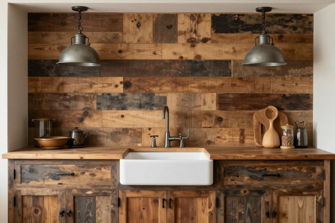 reclaimed wood plank backsplash with weathered texture in rustic farmhouse kitchen