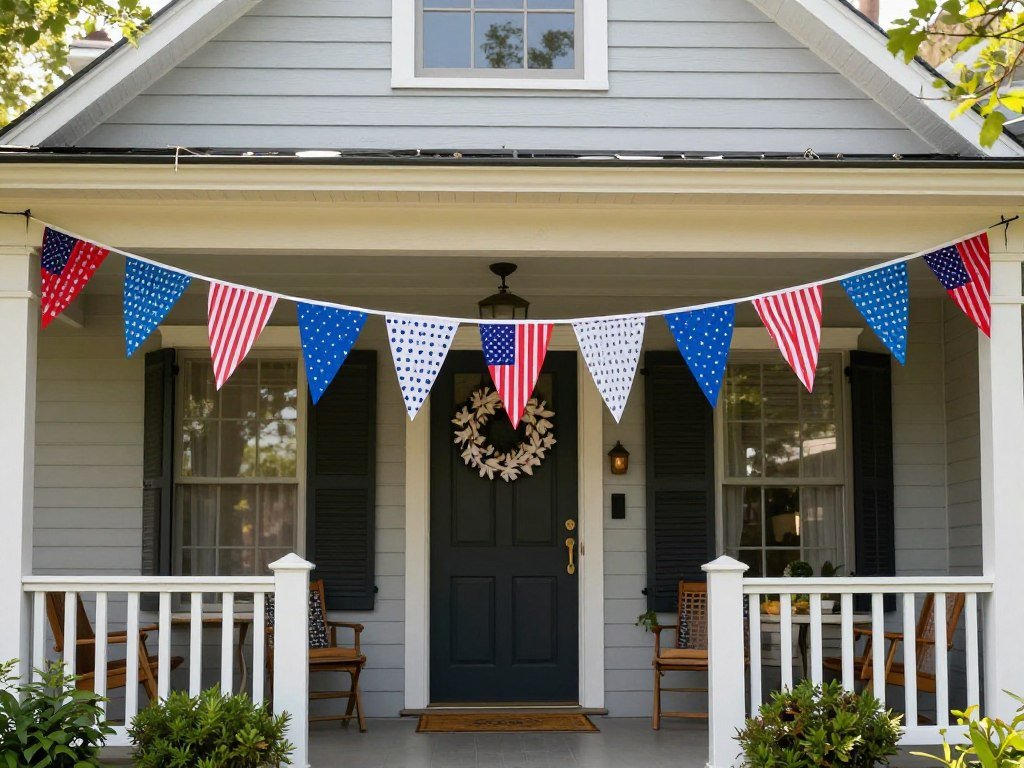 red white and blue paper banners hanging across porch for 4th of July