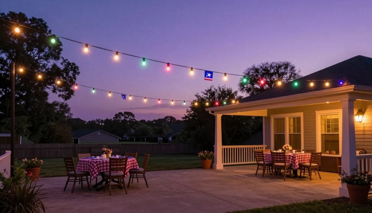 red white blue LED string lights illuminating backyard evening party for 4th July