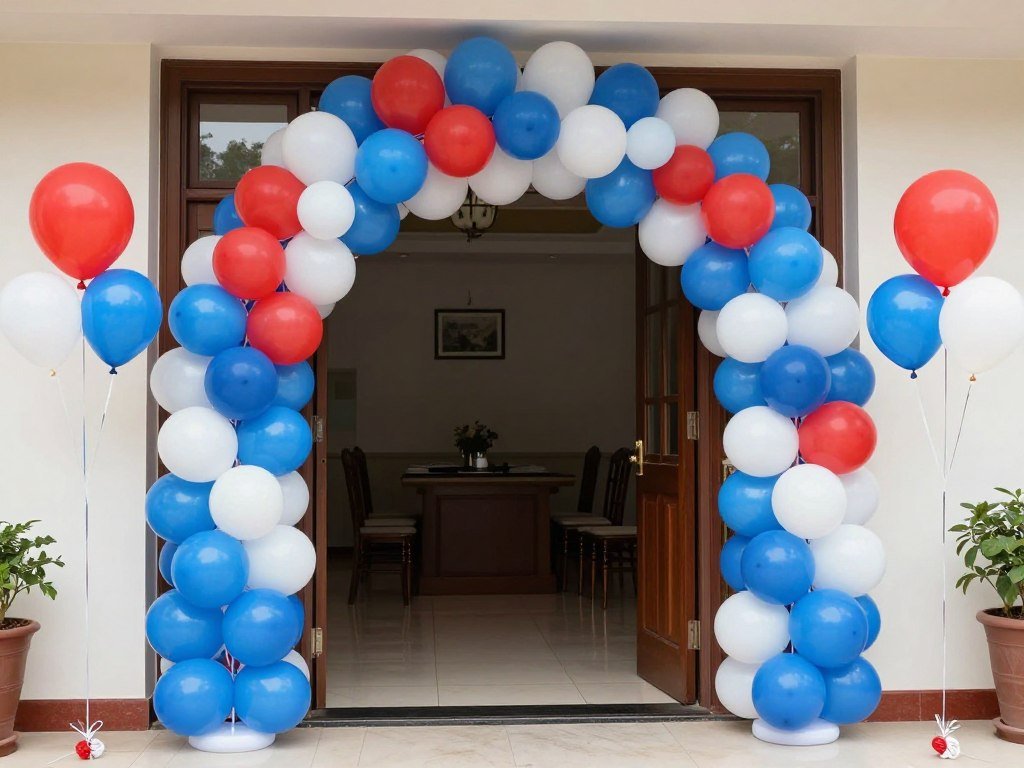 red white blue balloon arch framing party entrance for July 4th celebration