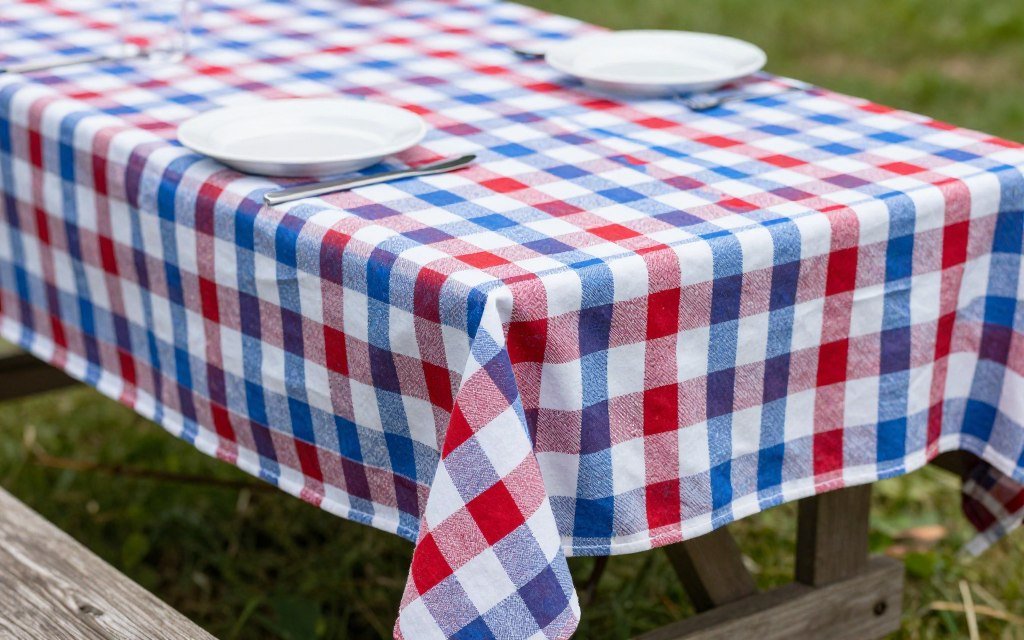 red white blue checkered tablecloth as base for 4th July table setting