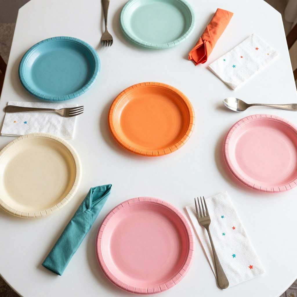 red white blue disposable plates and napkins arranged for 4th July party table