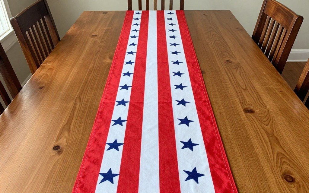 red white blue striped table runner with star accents on dining table