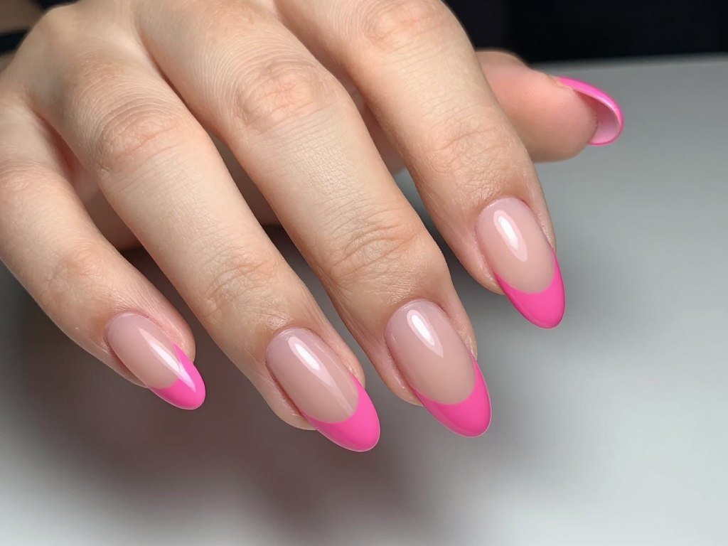 reverse pink french manicure with pink tips and nude base