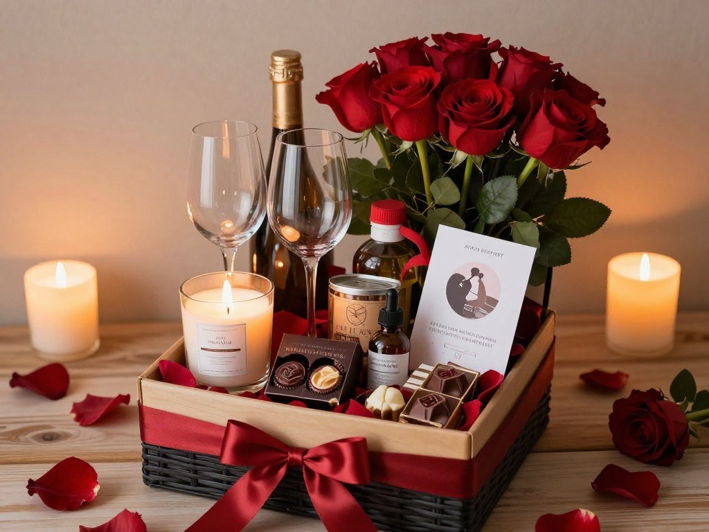 romantic date night themed gift basket with candles and wine
