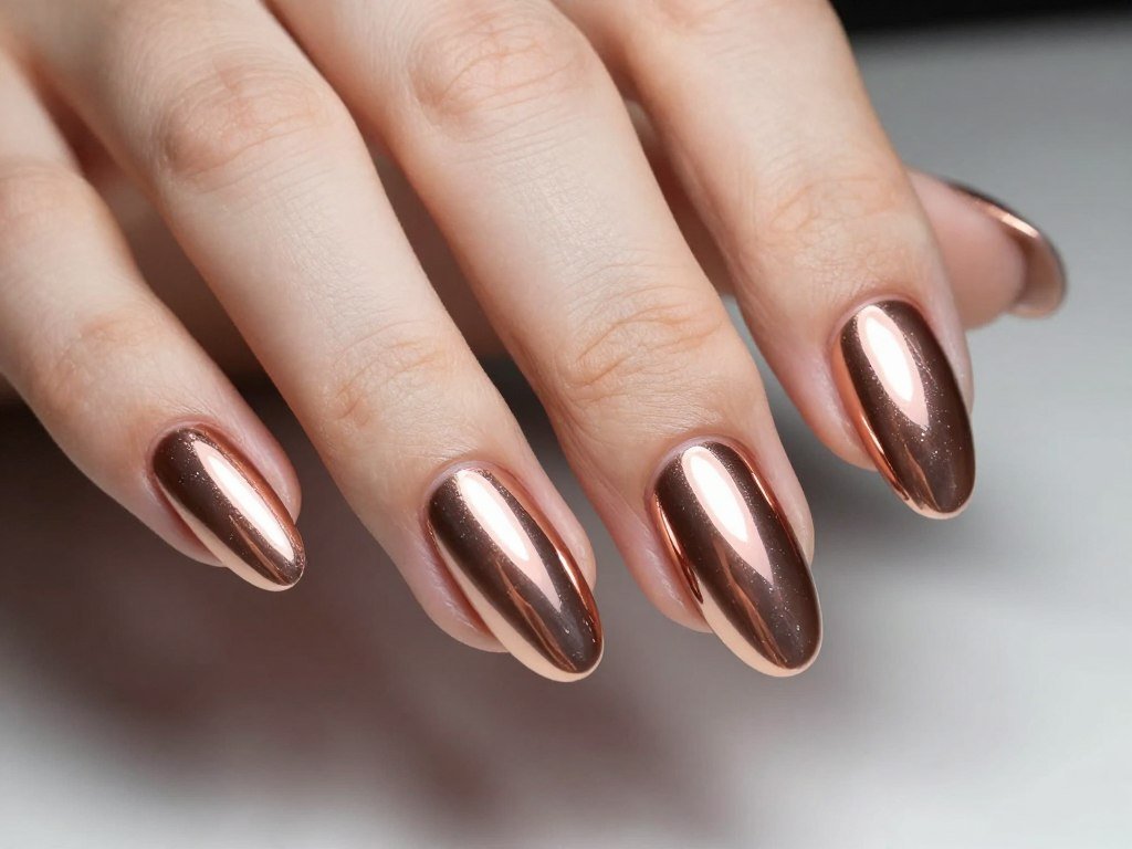 rose gold chrome nails with mirror-like metallic finish