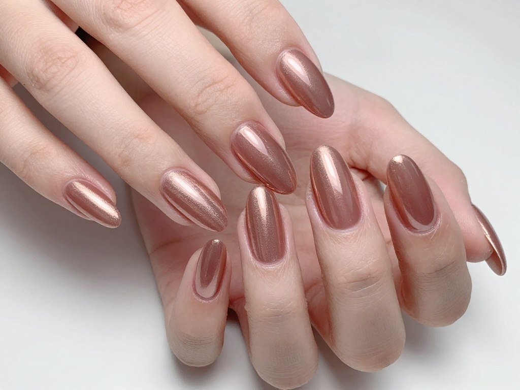 rose gold chrome summer nails with elegant metallic finish