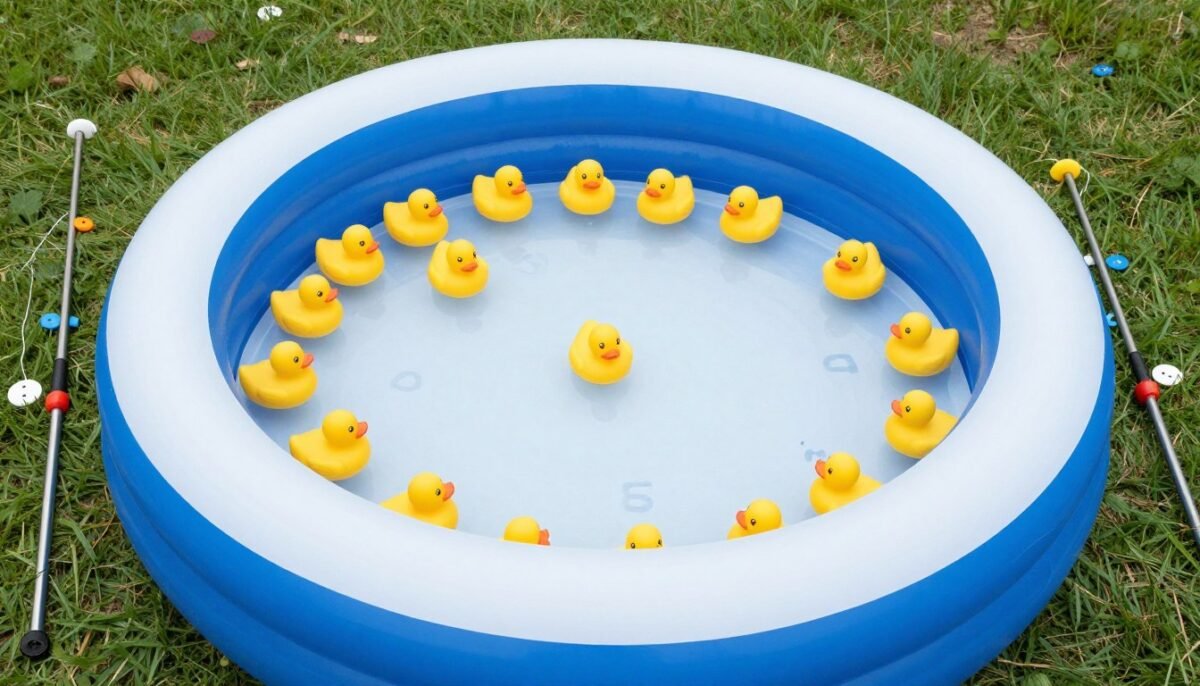 rubber ducks floating in kiddie pool for carnival fishing game