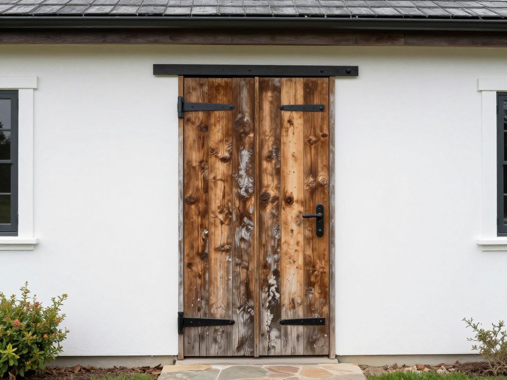 rustic reclaimed wood front door with iron hardware on farmhouse exterior