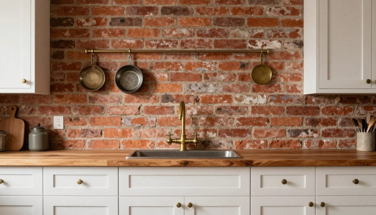 rustic red brick backsplash in farmhouse kitchen with vintage character