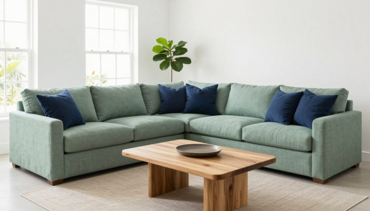 sage green sectional sofa with navy blue accent pillows