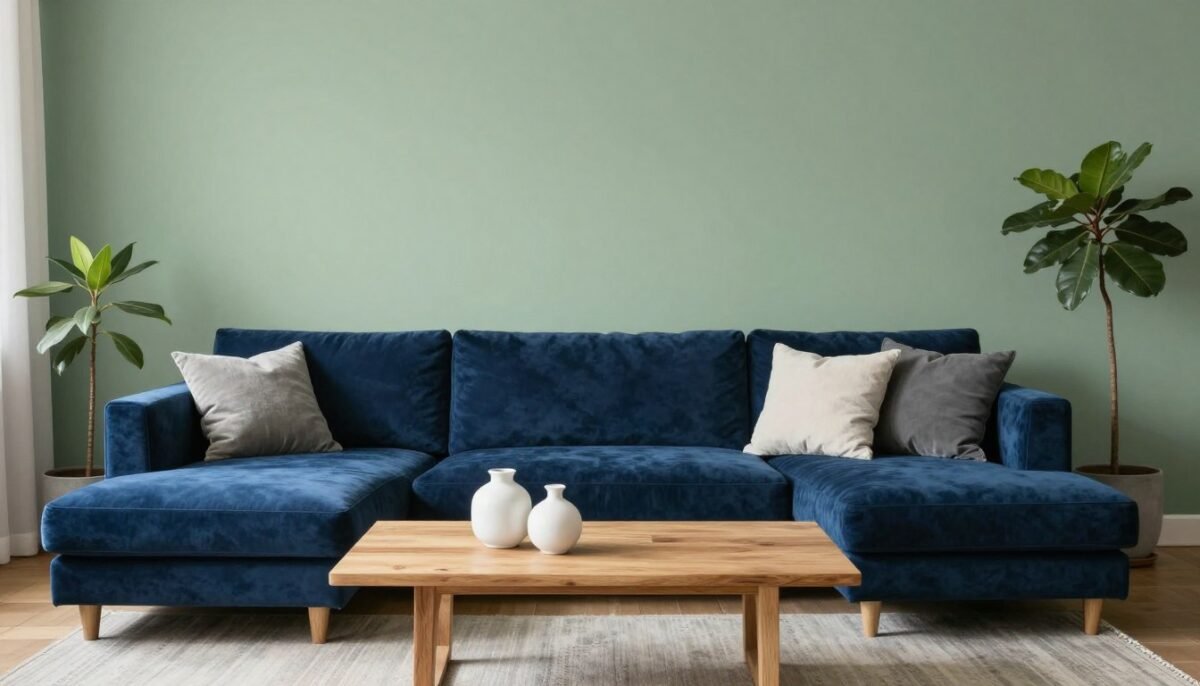 sage green walls with deep blue velvet sofa in cozy living room