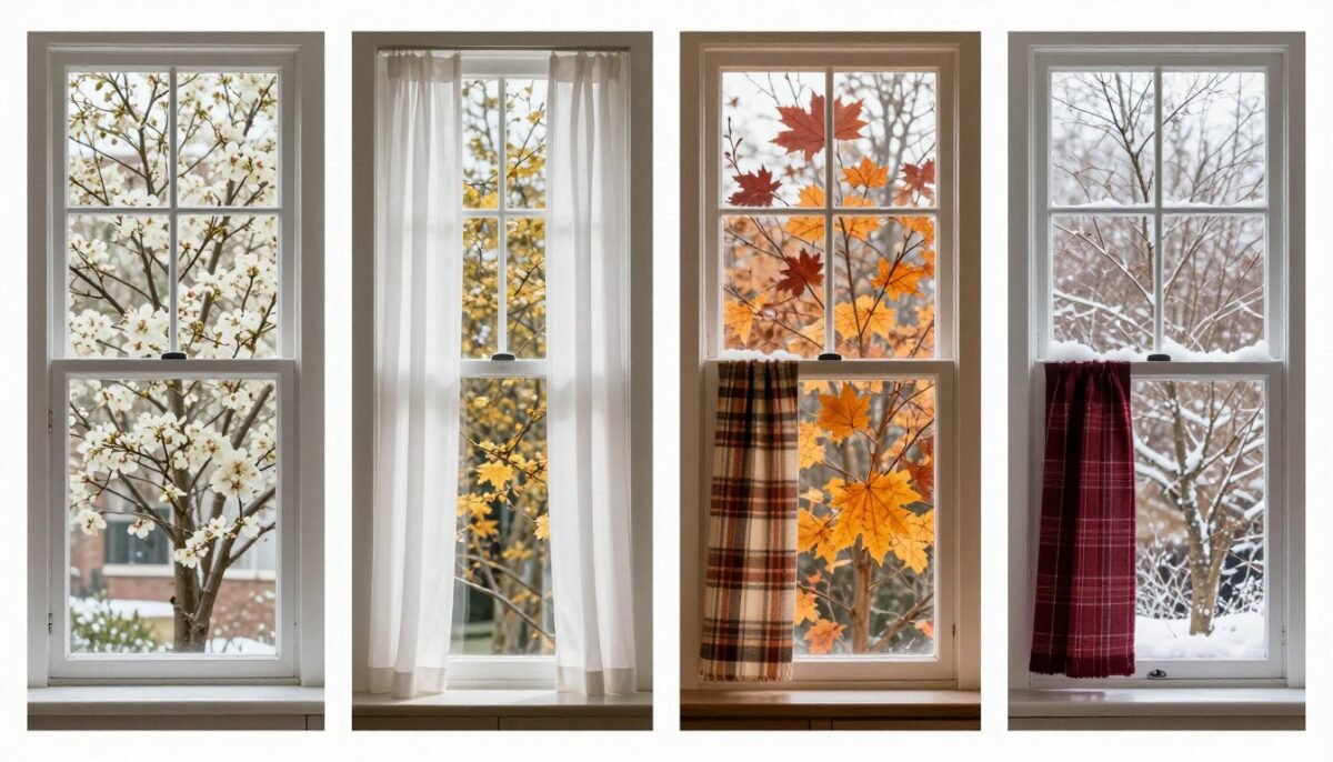 same kitchen window showing four seasonal curtain variations throughout year