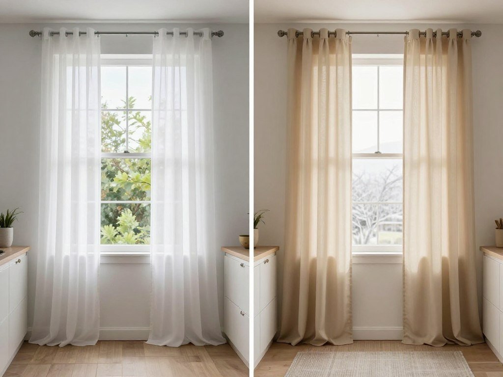 same kitchen window showing summer sheer curtains and winter heavier curtains
