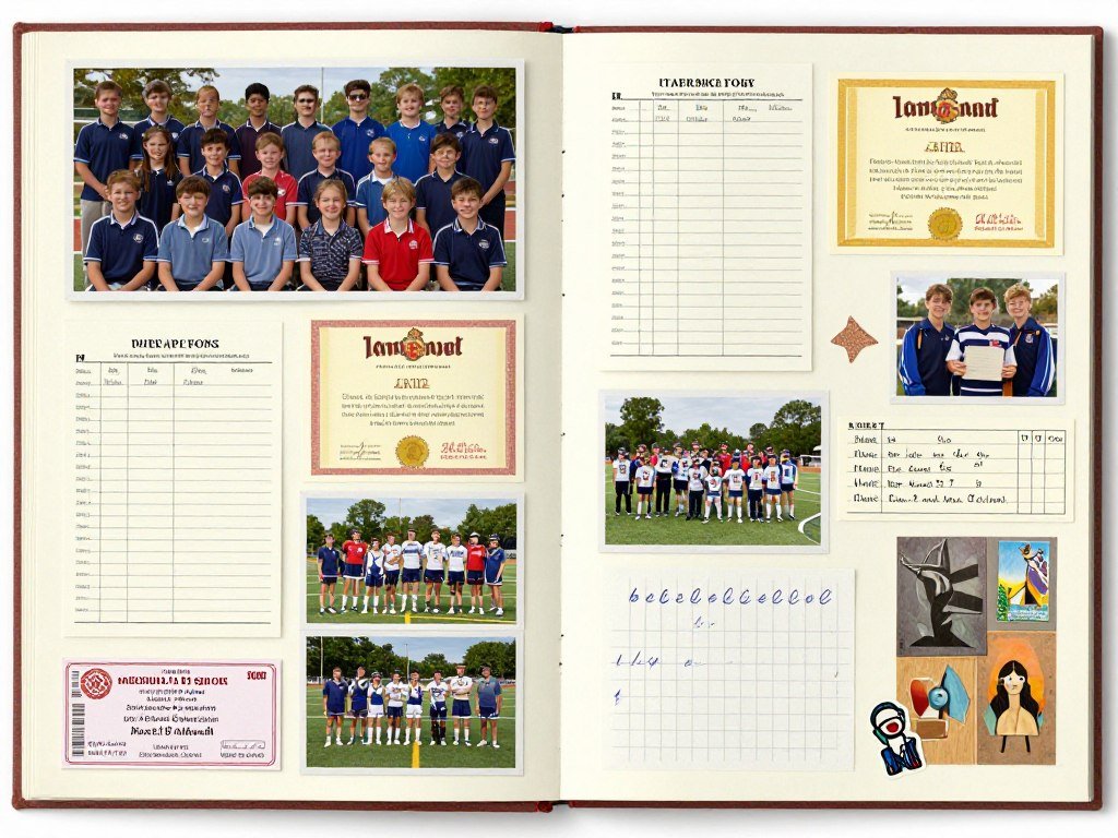 school scrapbook with class photos and achievement certificates