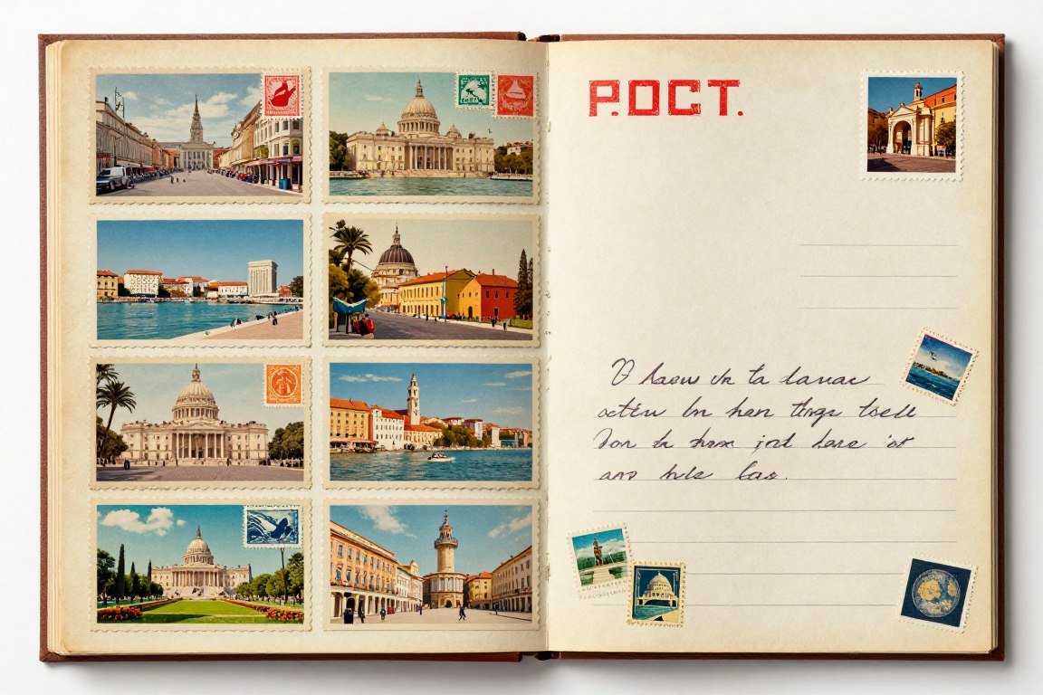 scrapbook page with vintage travel postcards and stamps