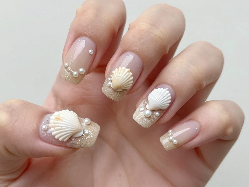 seashell summer nail art with beach theme accents