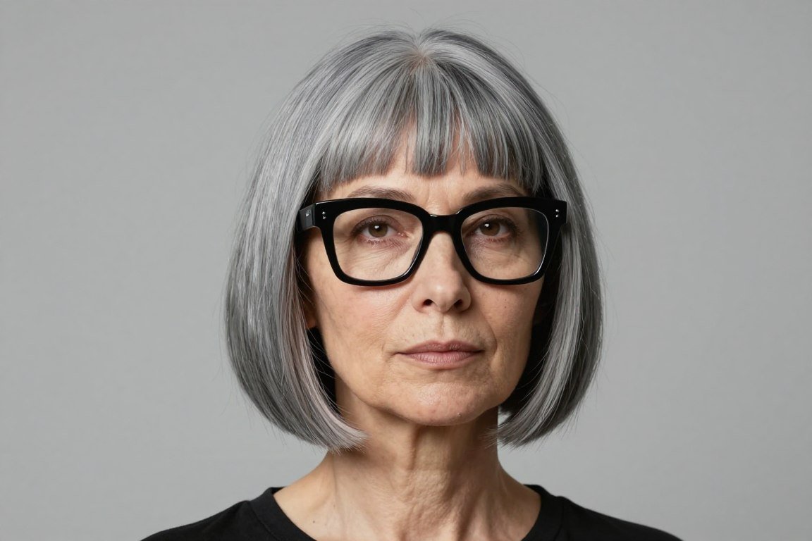 senior lady with blunt bob cut wearing bold rectangular frames