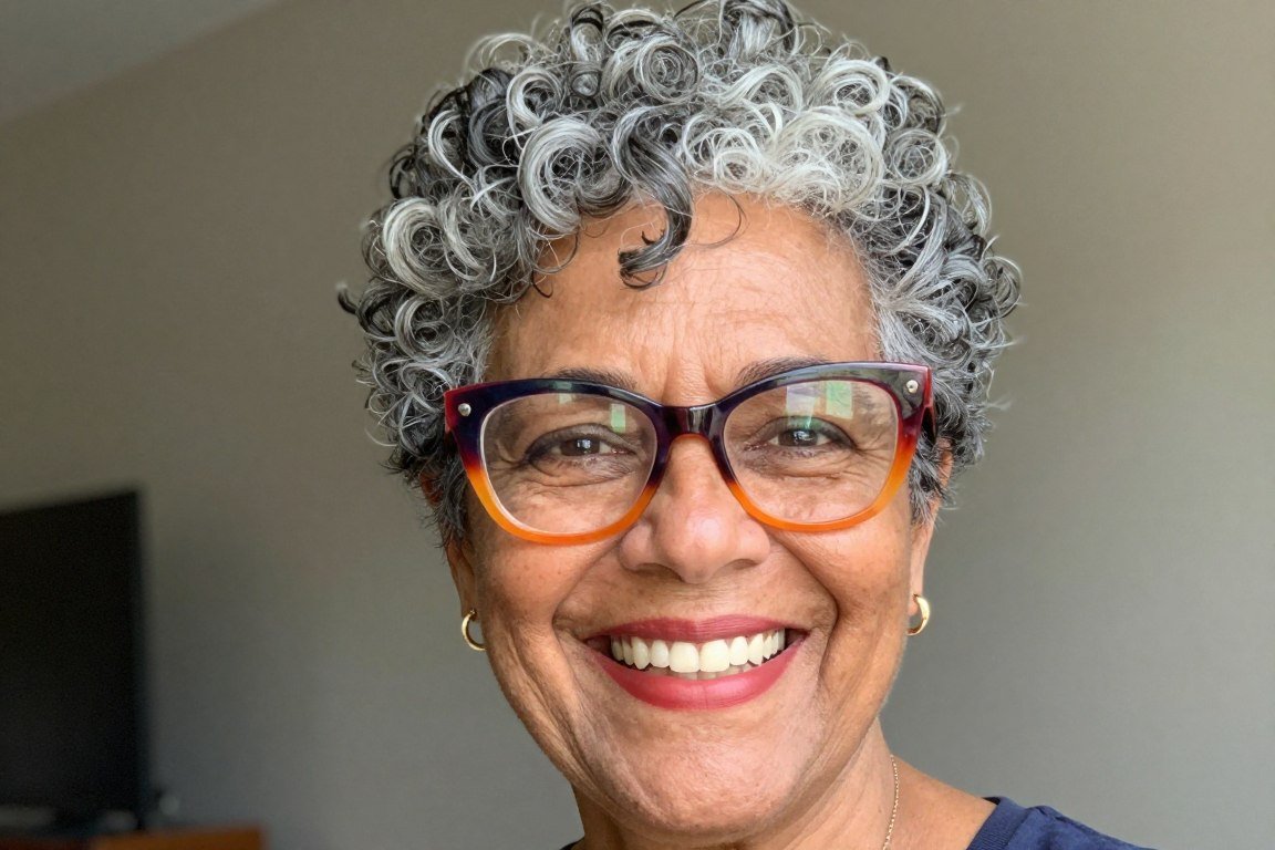 senior lady with curly pixie hairstyle and colorful eyeglass frames