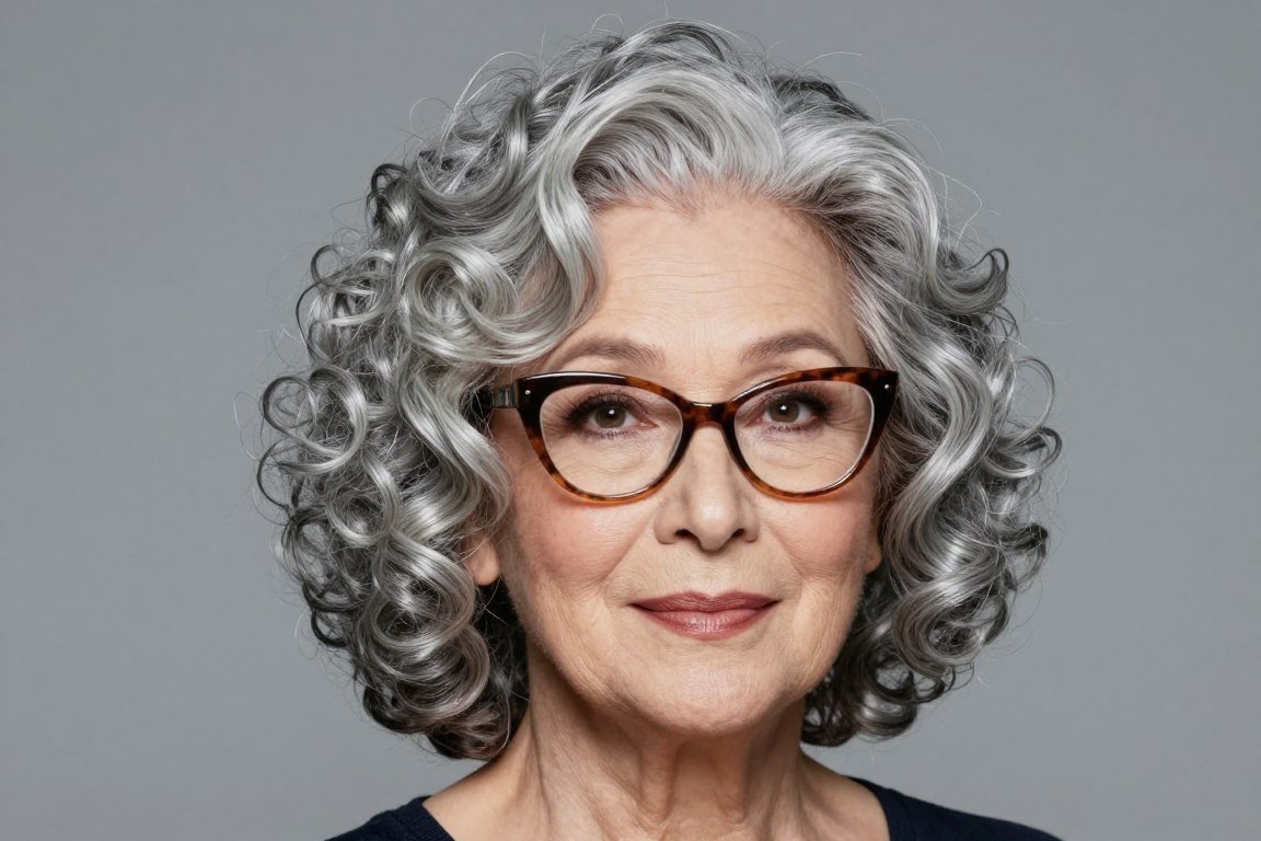 senior lady with defined curls and cat-eye glasses