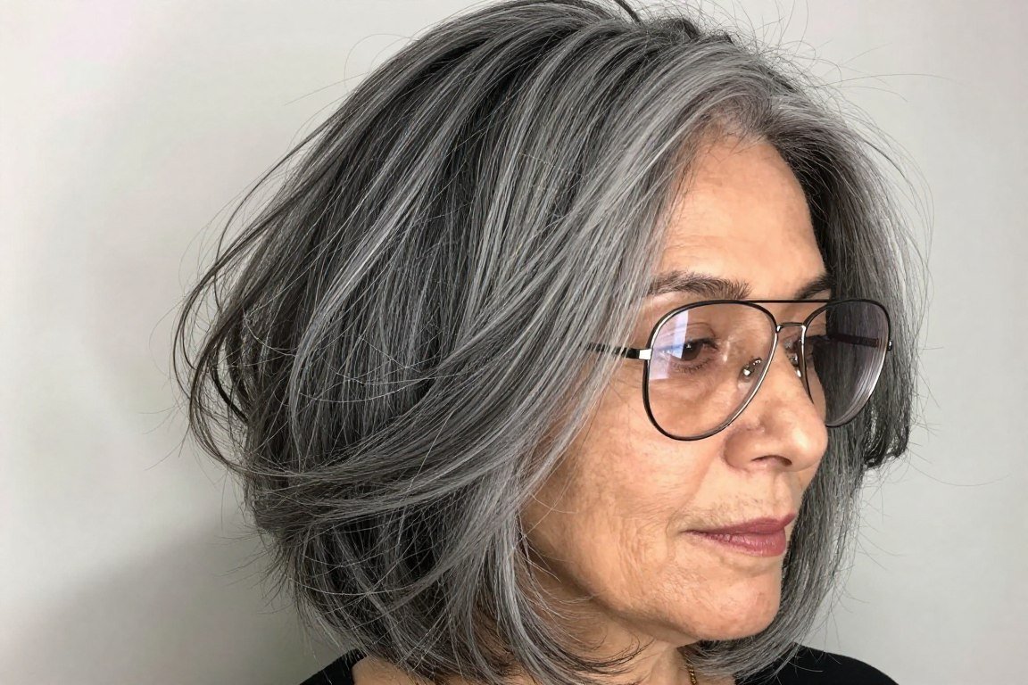 senior lady with layered lob and aviator glasses