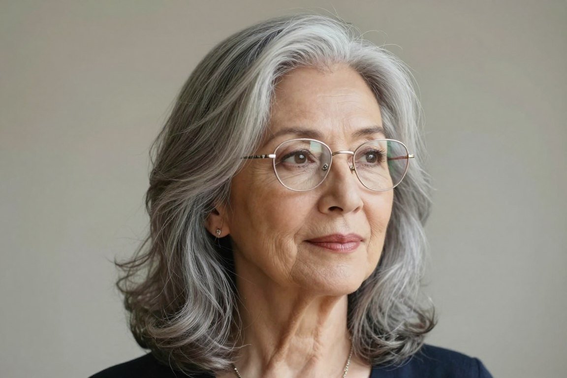 senior lady with soft layers and delicate frames
