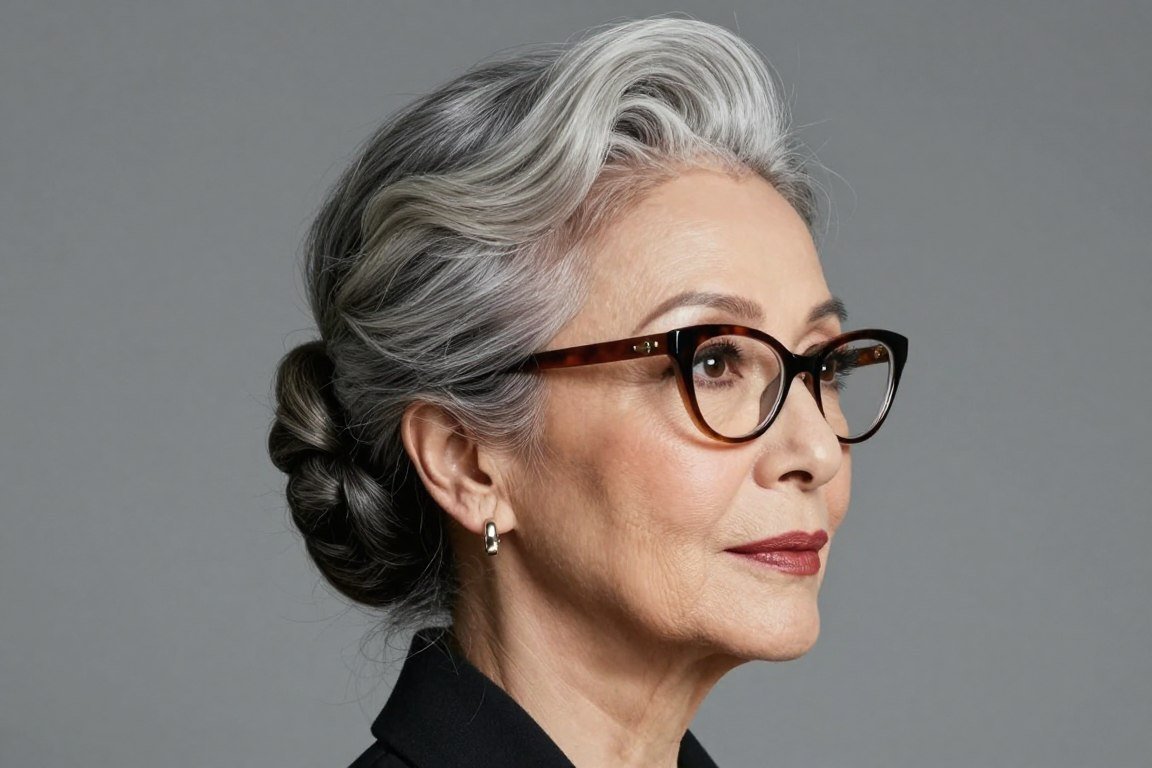 senior lady with twisted updo and cat-eye glasses