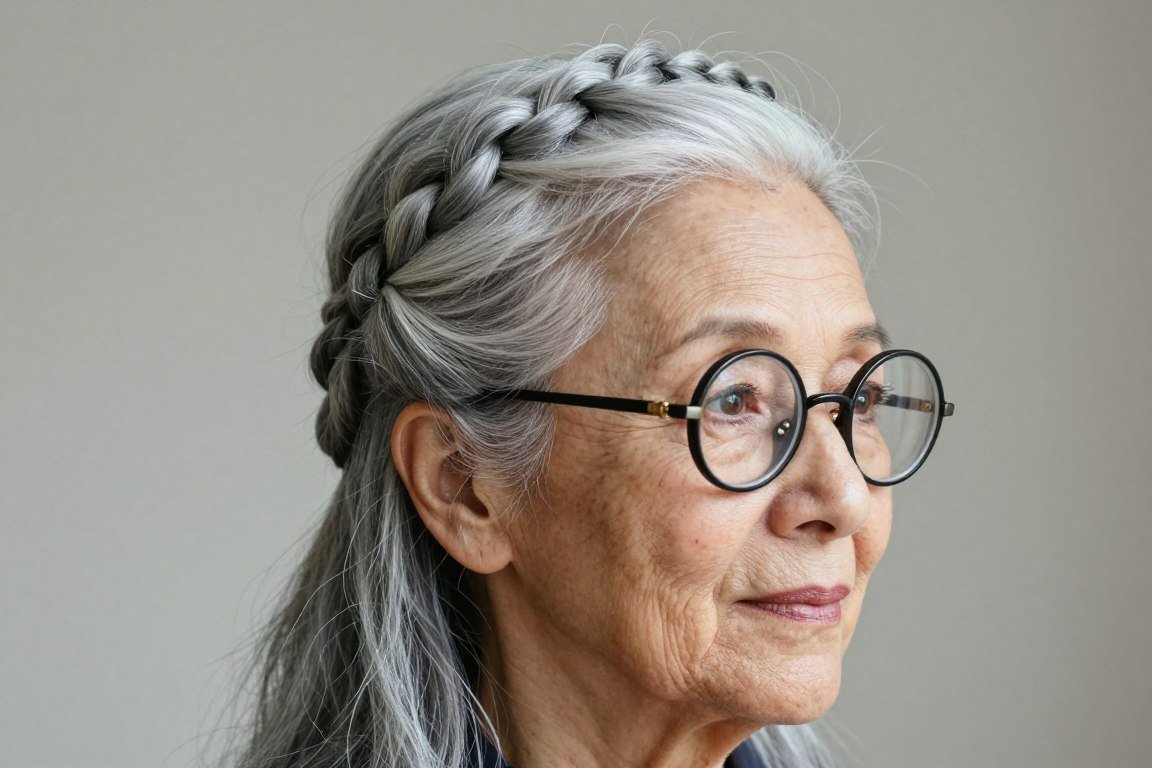 senior woman with braided half-up style and round glasses